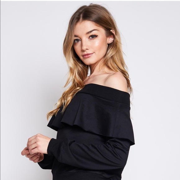 Blue Blush Ruffle Cropped Off The Shoulder Sweater - Picture 4 of 7